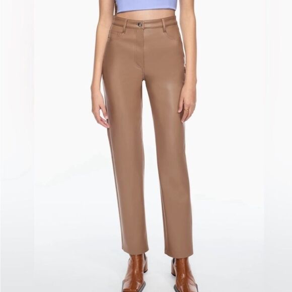 ARITZIA Wilfred The Melina High Waisted Vegan Leather Pants Taupe Size 8 Tall - Picture 5 of 14